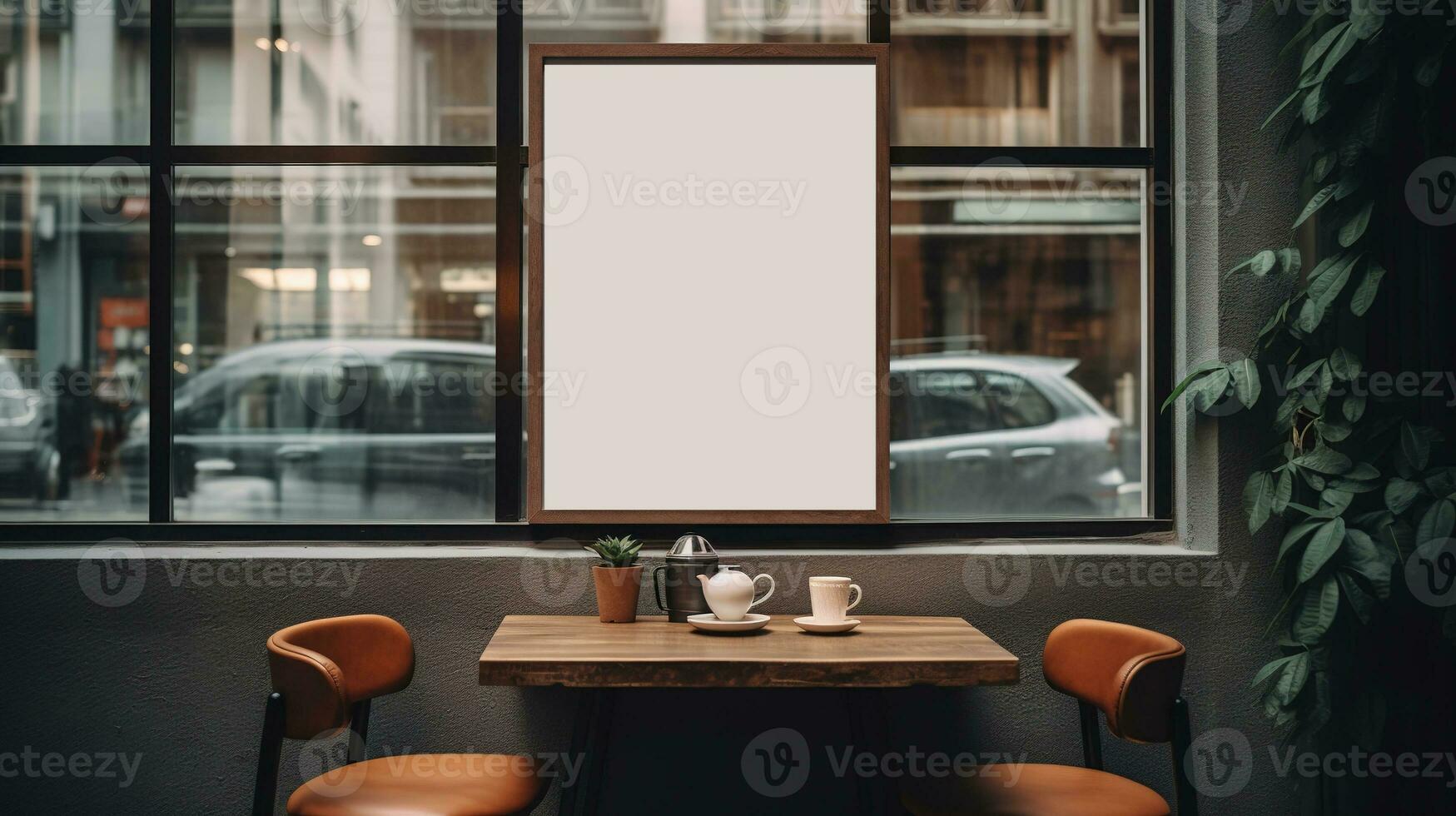 AI generated Generative AI, coffee shop street poster or signboard mock up for logo design, brand presentation, aesthetic muted neutral colors, on the wall outdoor photo