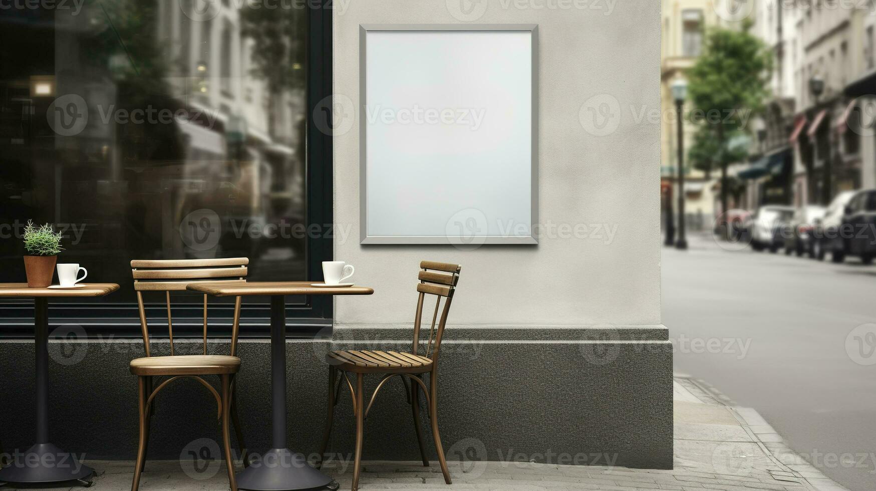 AI generated Generative AI, coffee shop street poster or signboard mock up for logo design, brand presentation, aesthetic muted neutral colors, on the wall outdoor photo