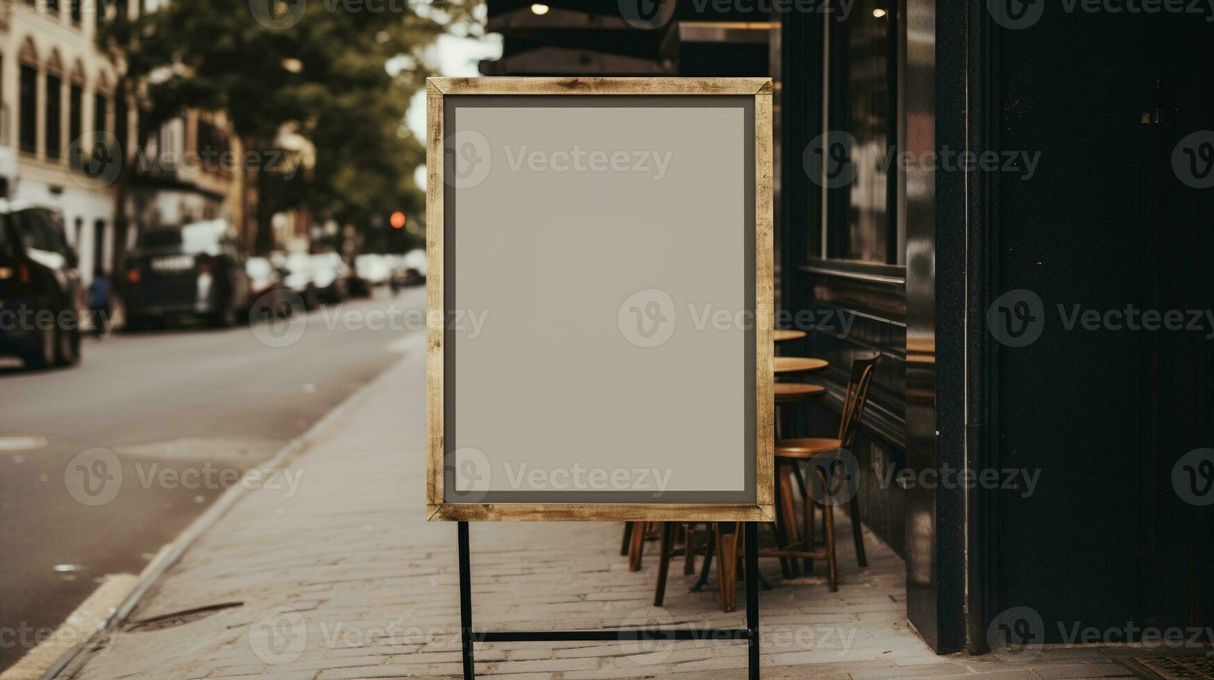 AI generated Generative AI, coffee shop street poster or signboard mock up for logo design, brand presentation, aesthetic muted neutral colors, on the wall outdoor photo