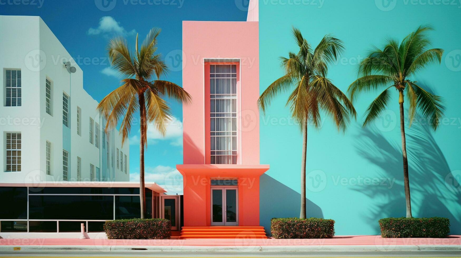 AI generated Generative AI, surreal Miami city with deco retro buildings, pink and blue colors, summer vibes photo