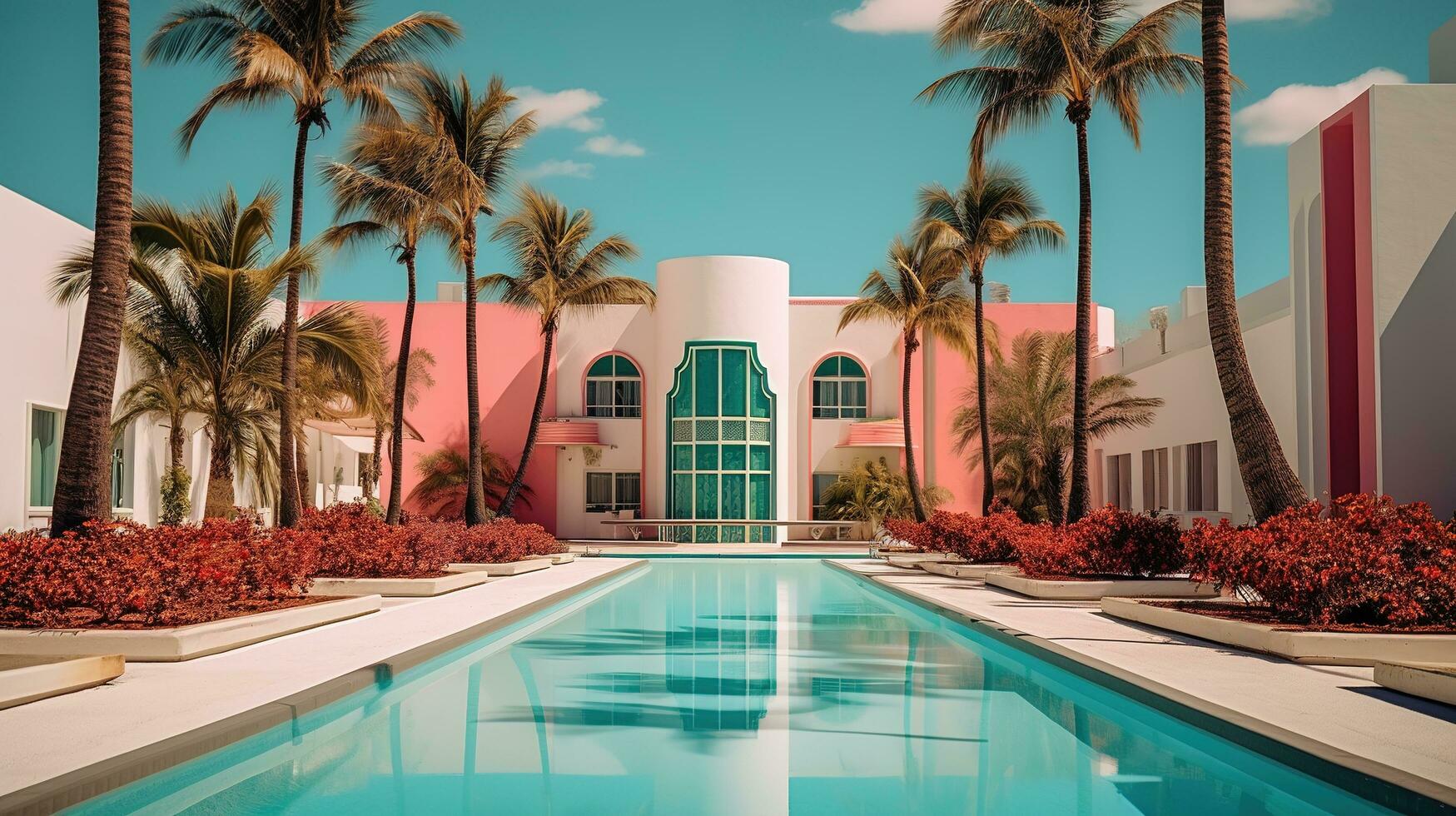 ai generado generativo ai, surrealista Miami ciudad con deco retro edificios, rosado y azul colores, verano vibraciones foto