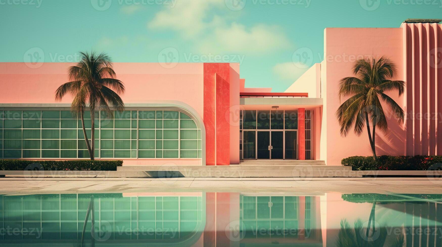 ai generado generativo ai, surrealista Miami ciudad con deco retro edificios, rosado y azul colores, verano vibraciones foto