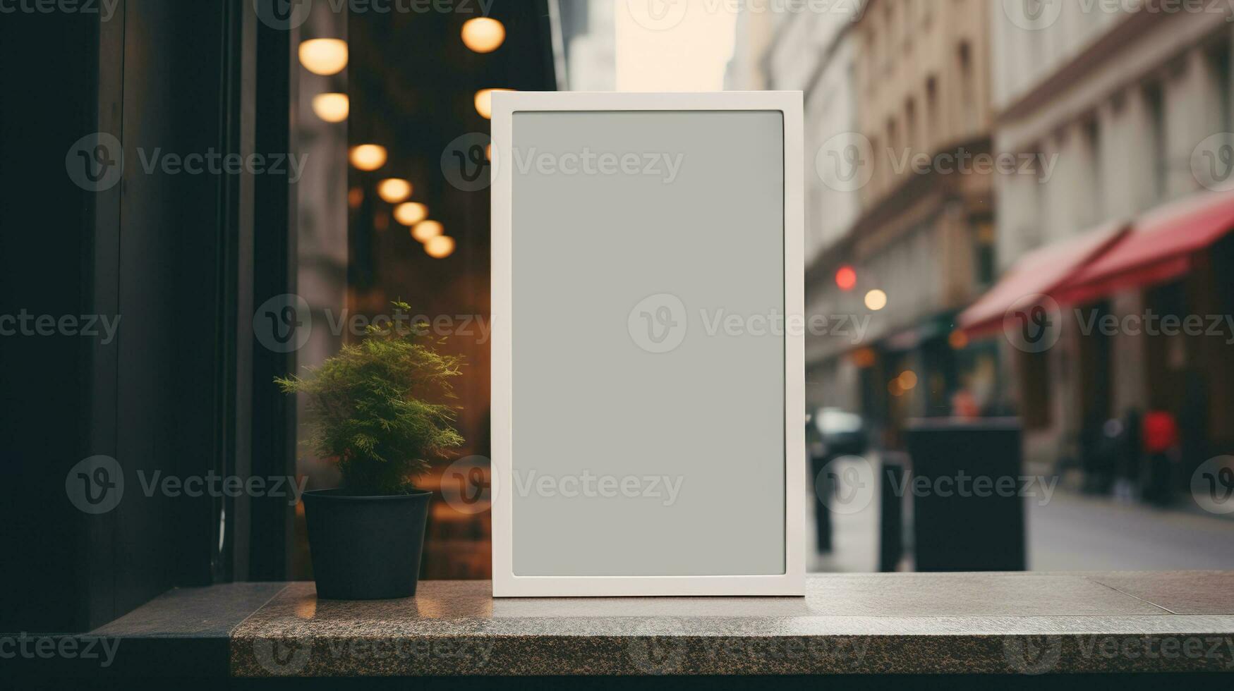 AI generated Generative AI, coffee shop street poster or signboard mock up for logo design, brand presentation, aesthetic muted neutral colors, on the wall outdoor photo