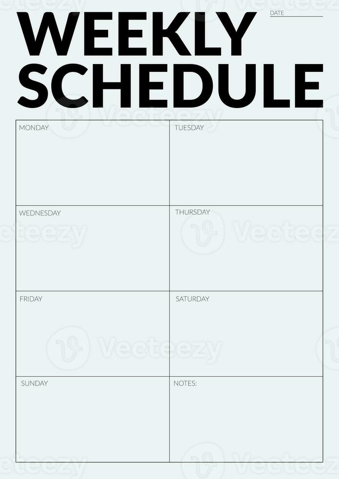 Weekly schedule planner notebook page. Modern Business organizer with notes and goals. schedule page template. Weekly planner page. photo