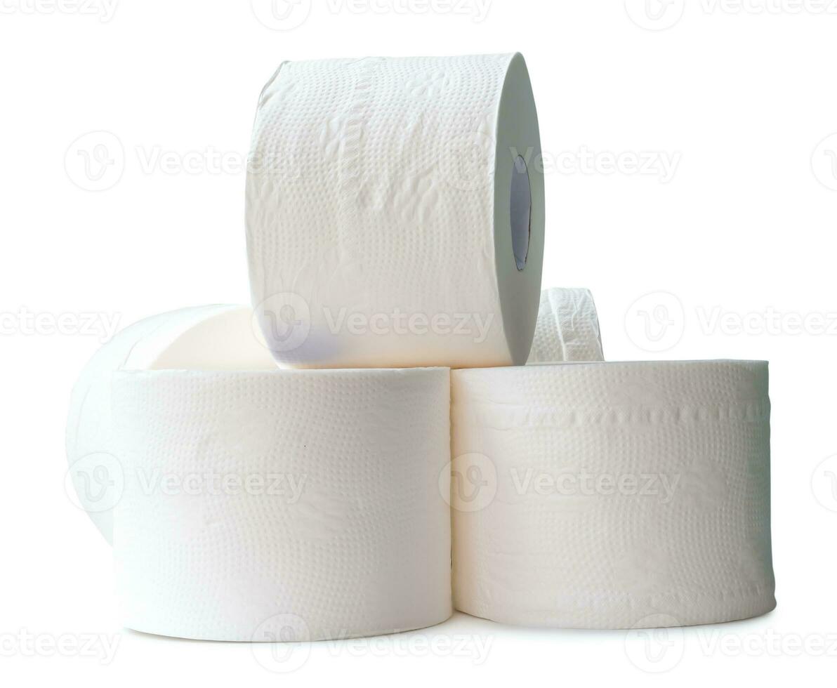 Tissue paper rolls in stack isolated on white background with clipping path and shadow in png file format. Front view and flat lay photo