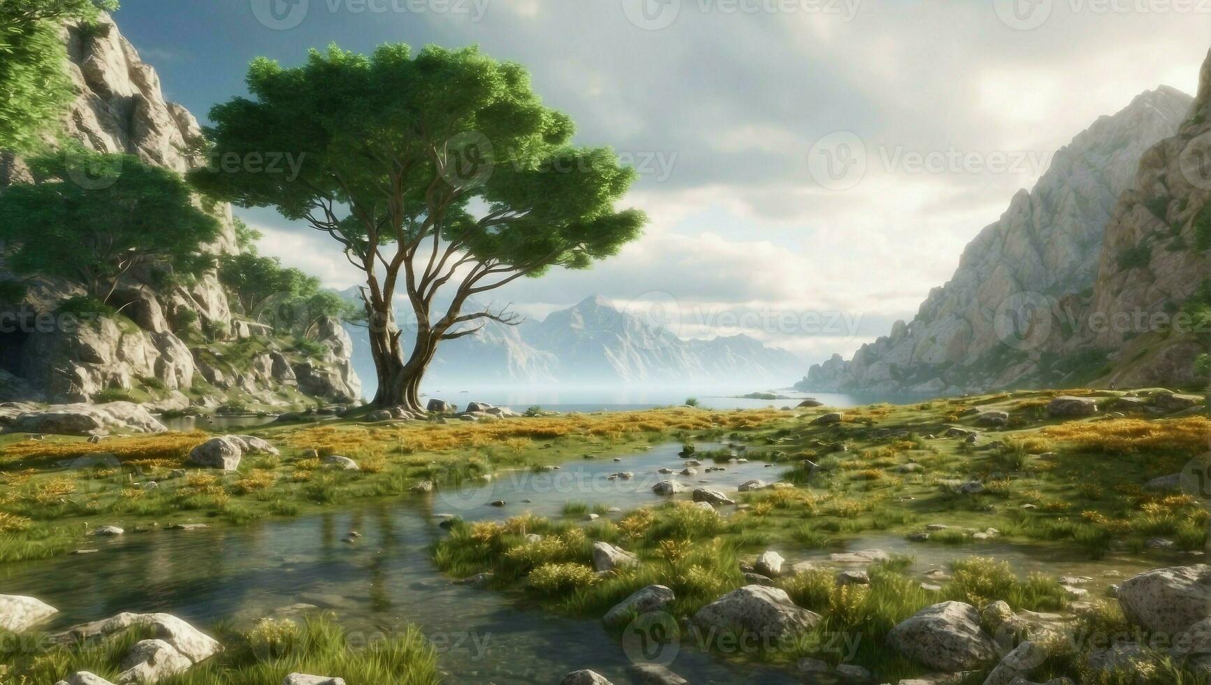 AI generated Panoramic View of a Beautiful Natural Landscape with Trees, Water, and a Cloudy Sky photo