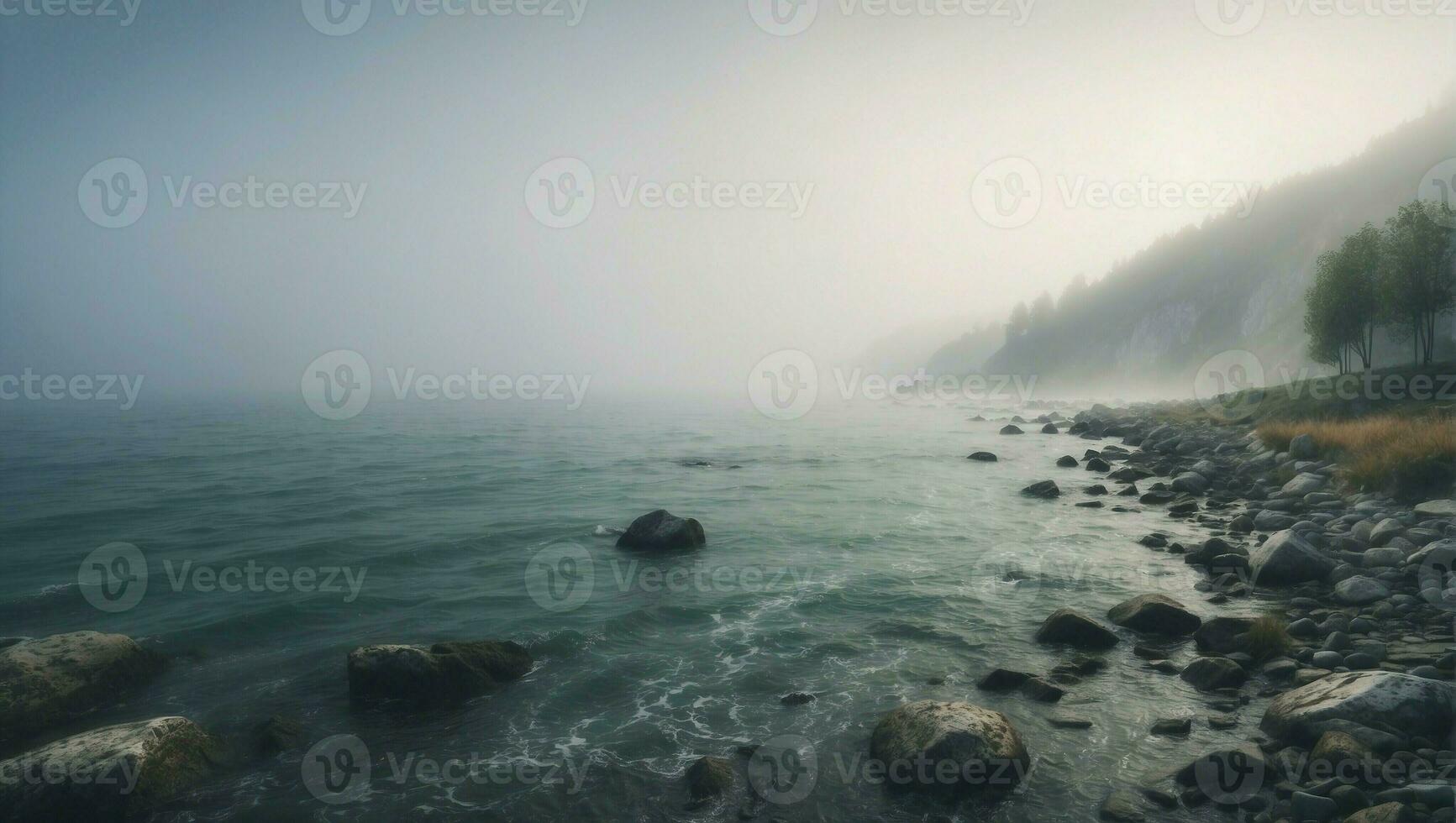 AI generated Misty morning landscape with Peaceful sea and cloudy sky photo