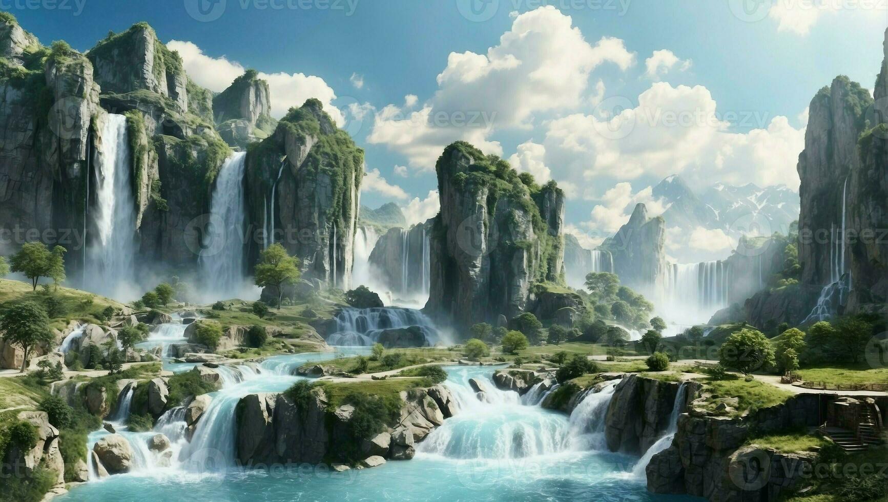 AI generated Panoramic Landscape with a Beautiful Waterfall in a Scenic Nature Environment photo