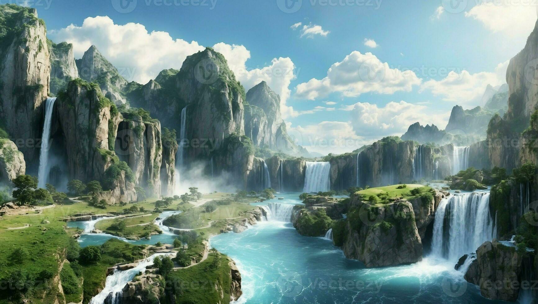 AI generated Panoramic Landscape with a Beautiful Waterfall in a Scenic Nature Environment photo