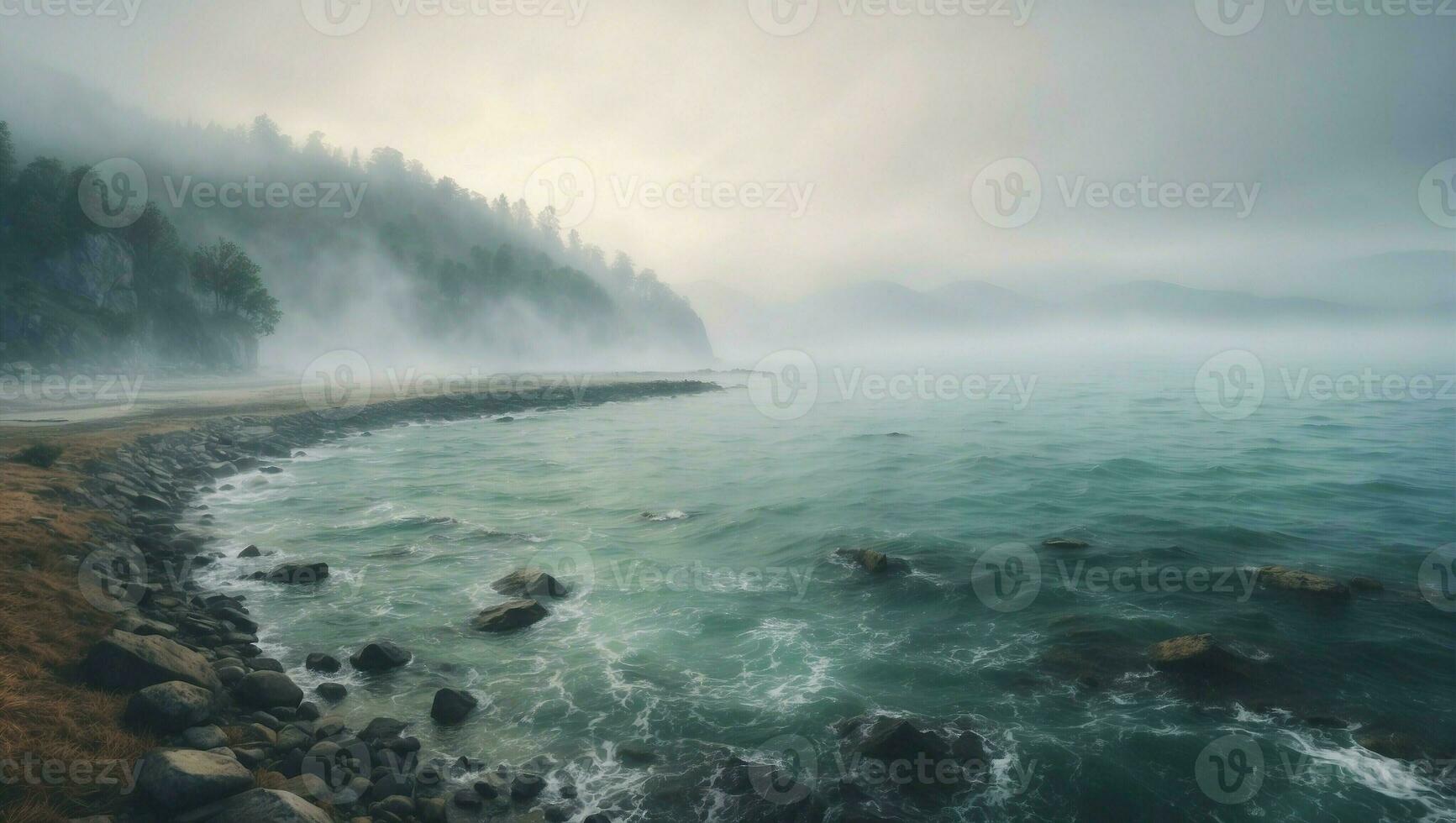 AI generated Misty morning landscape with Peaceful sea and cloudy sky photo
