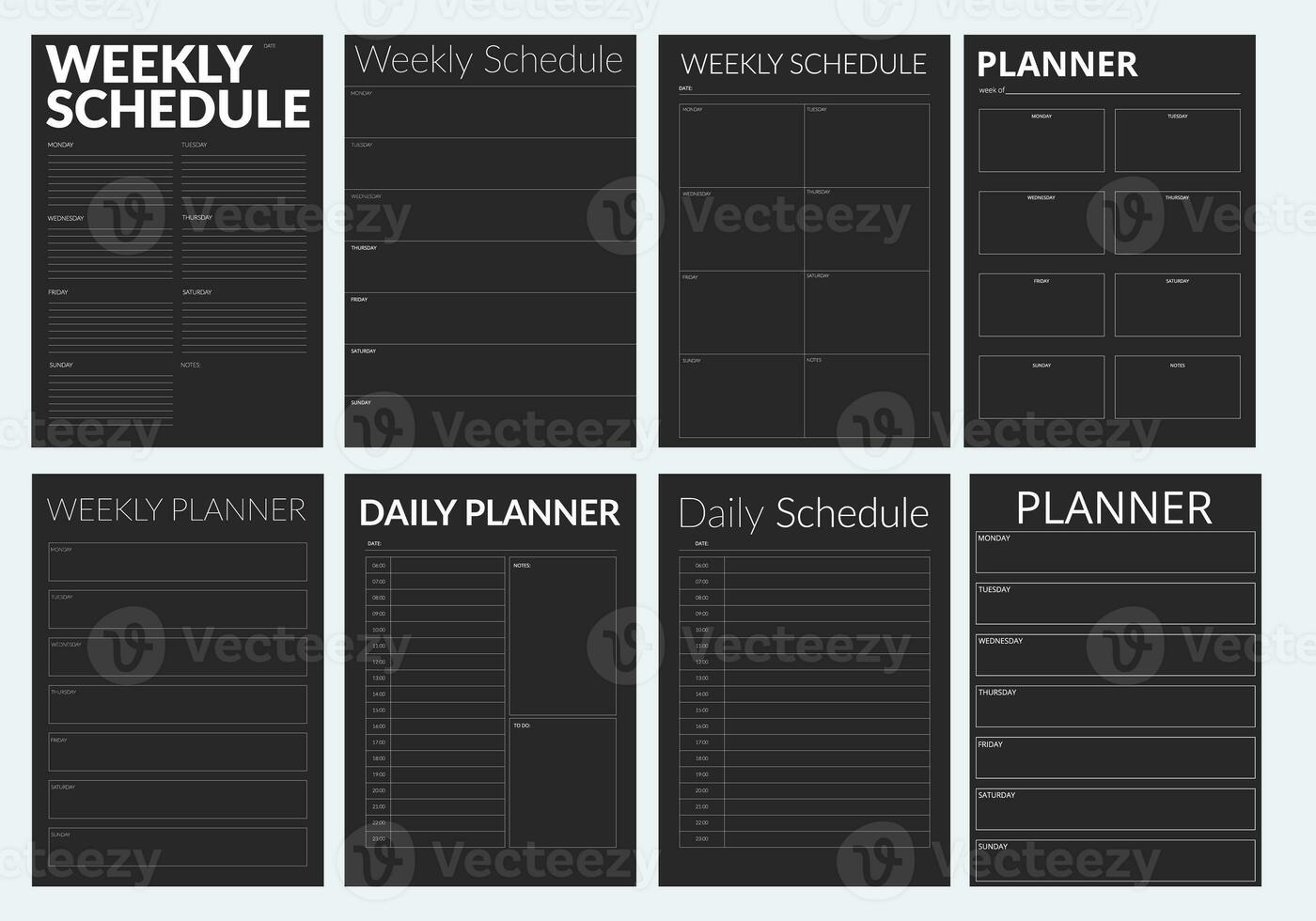 A collection of black planner pages in a minimalistic style. A modern business organizer with notes and goals. Planner page template. photo