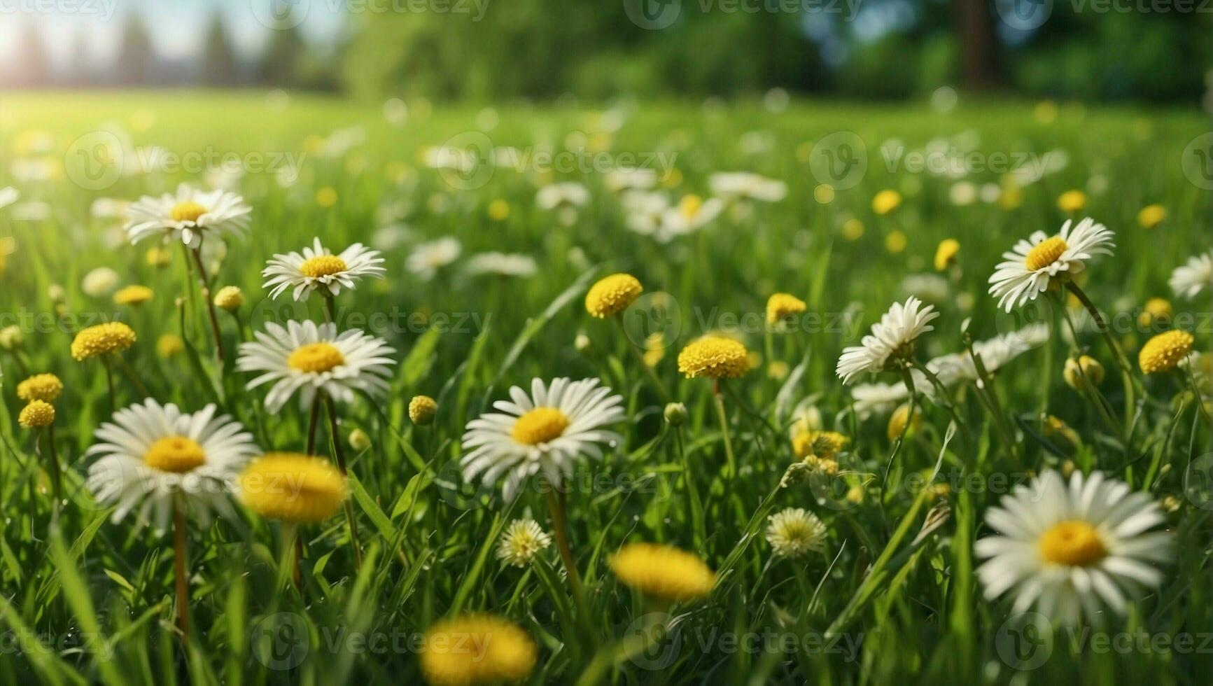 AI generated Yellow daisy in green field under blue sky, close-up photo
