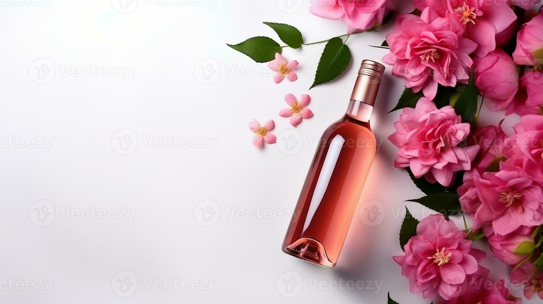 ai generado seco Rosa vino botella con rosas ai generado Bosquejo foto