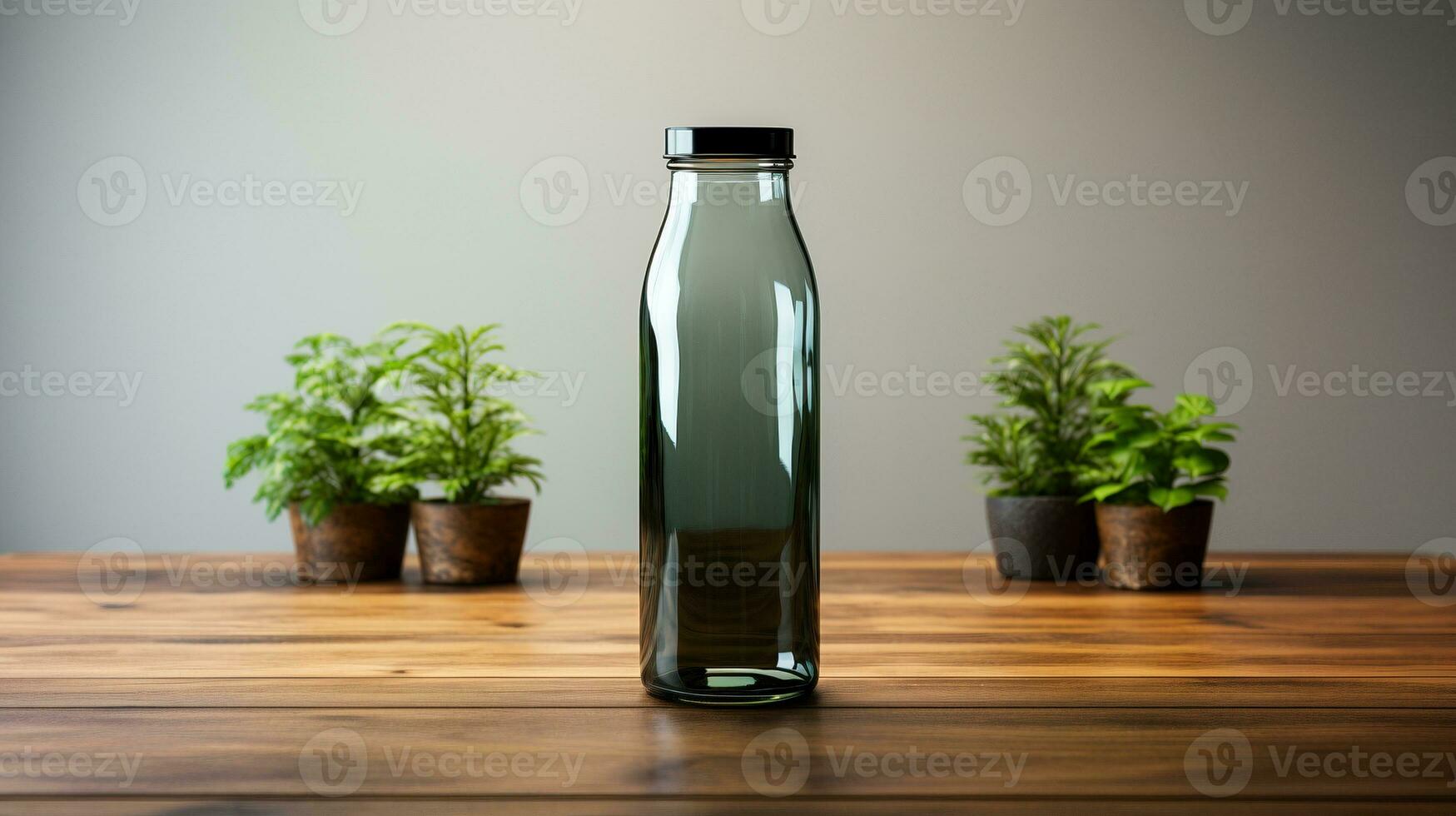 AI generated Dark glass water bottle on wooden table ai generated flask mockup photo