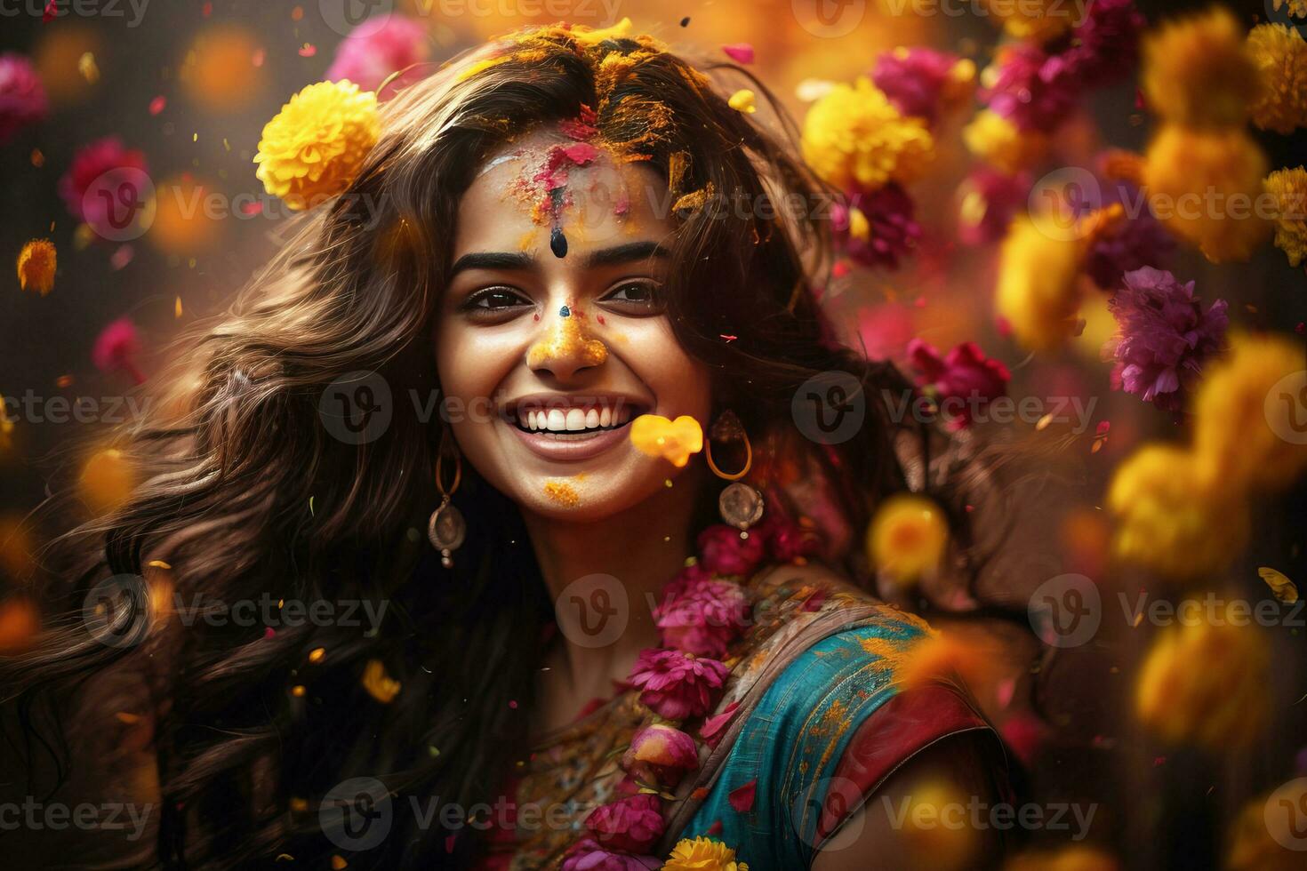 AI generated Portrait of a young woman at the Holi festival, expressing joy. AI generative. photo