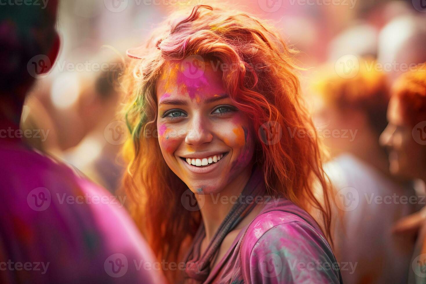 AI Generated Portrait of a young woman at the Holi festival, expressing joy. AI generative. photo