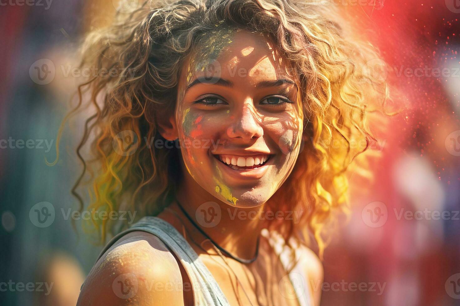 AI Generated Portrait of a young woman at the Holi festival, expressing joy. AI generative. photo