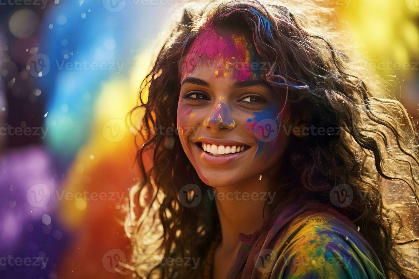 ai generado retrato de un joven mujer a el holi festival, expresando alegría. ai generativo. foto