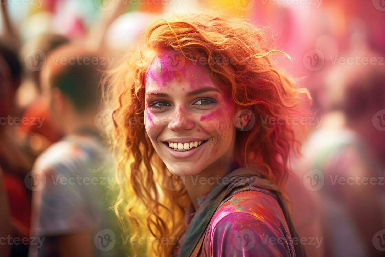 AI Generated Portrait of a young woman at the Holi festival, expressing joy. AI generative. photo