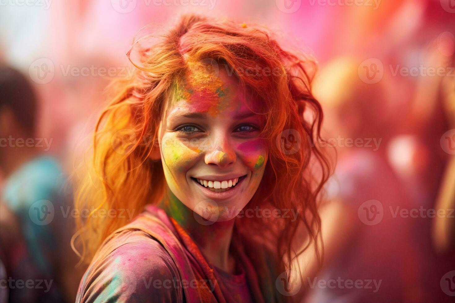 AI Generated Portrait of a young woman at the Holi festival, expressing joy. AI generative. photo