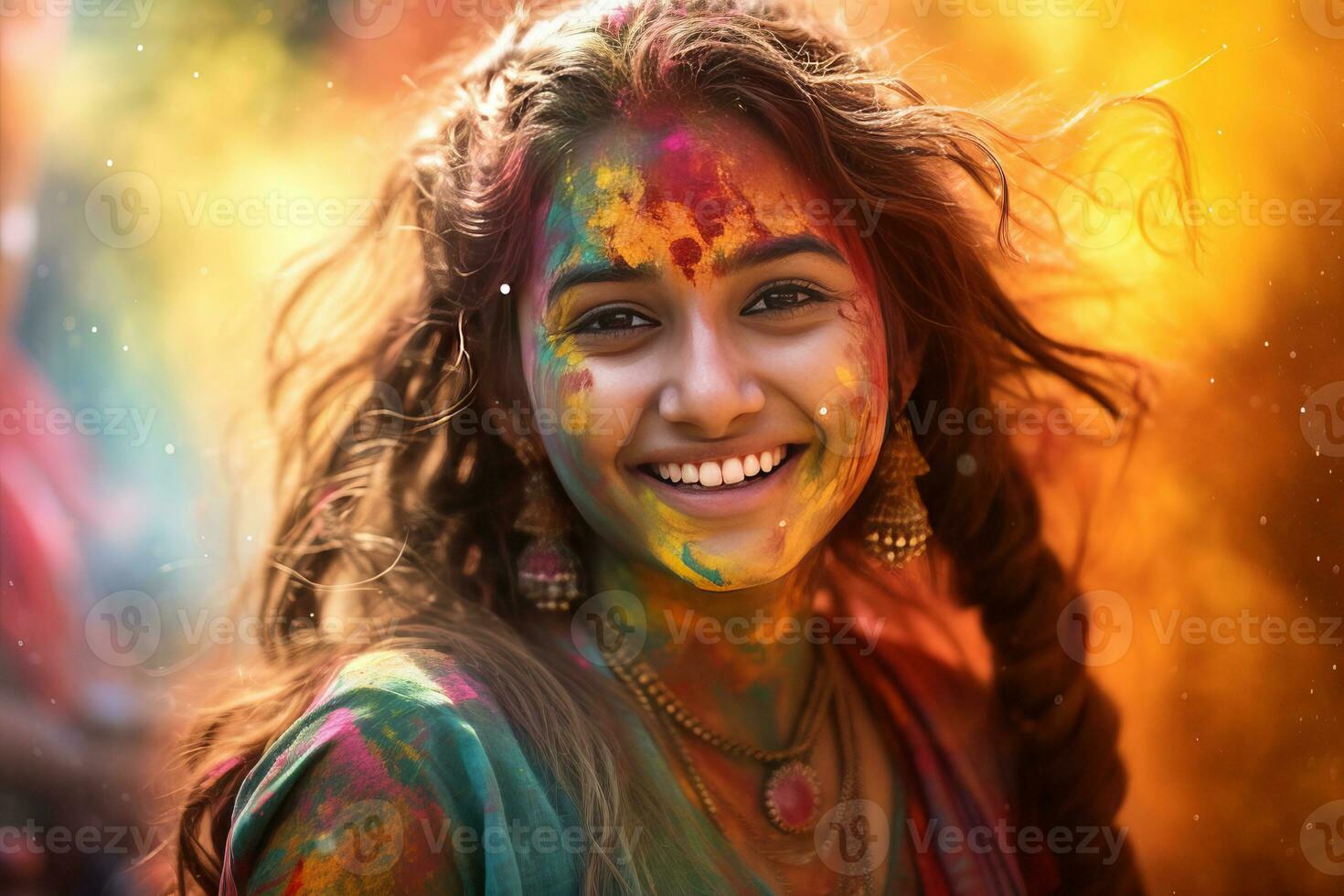 AI generated Portrait of a young woman at the Holi festival, expressing joy. AI generative. photo
