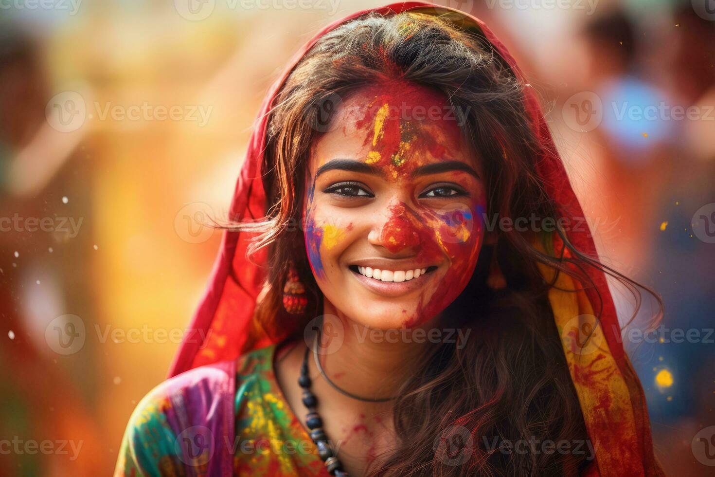 AI generated Portrait of a young woman at the Holi festival, expressing joy. AI generative. photo