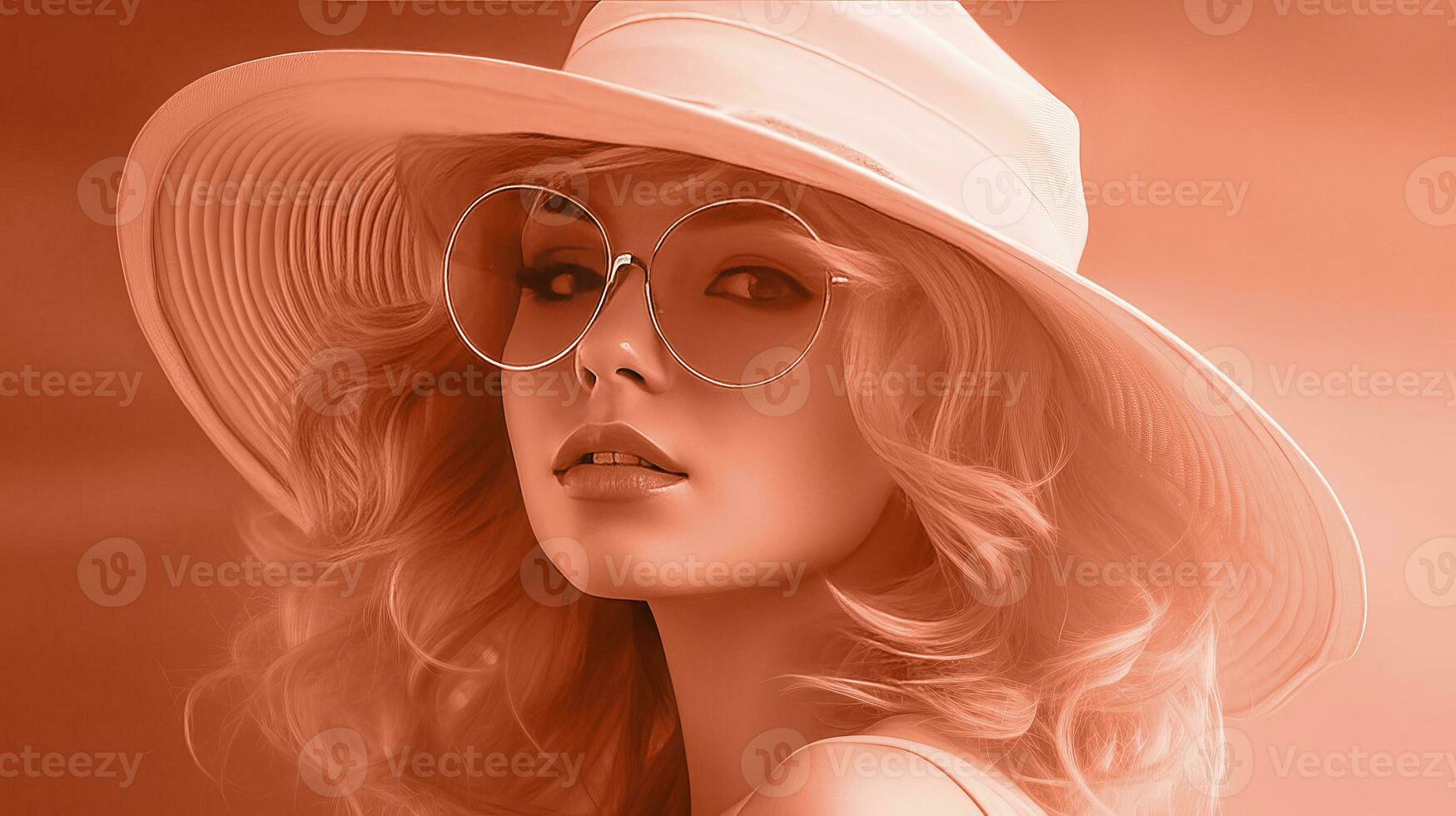 AI generated Woman wearing a straw hat and sunglasses, color of the year 2024. AI generated. photo