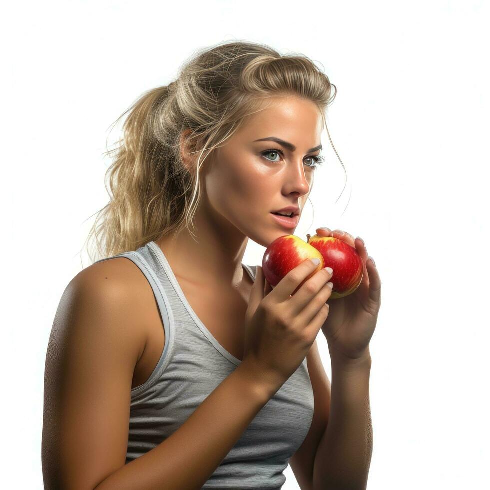 AI generated Young athletic girl eating an apple isolated photo