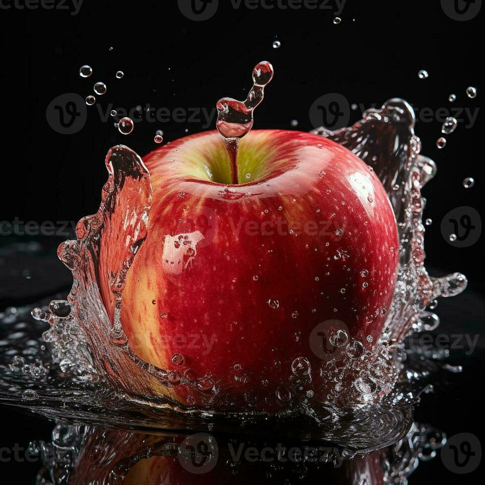 AI generated apple fell into the water with splashes black background photo