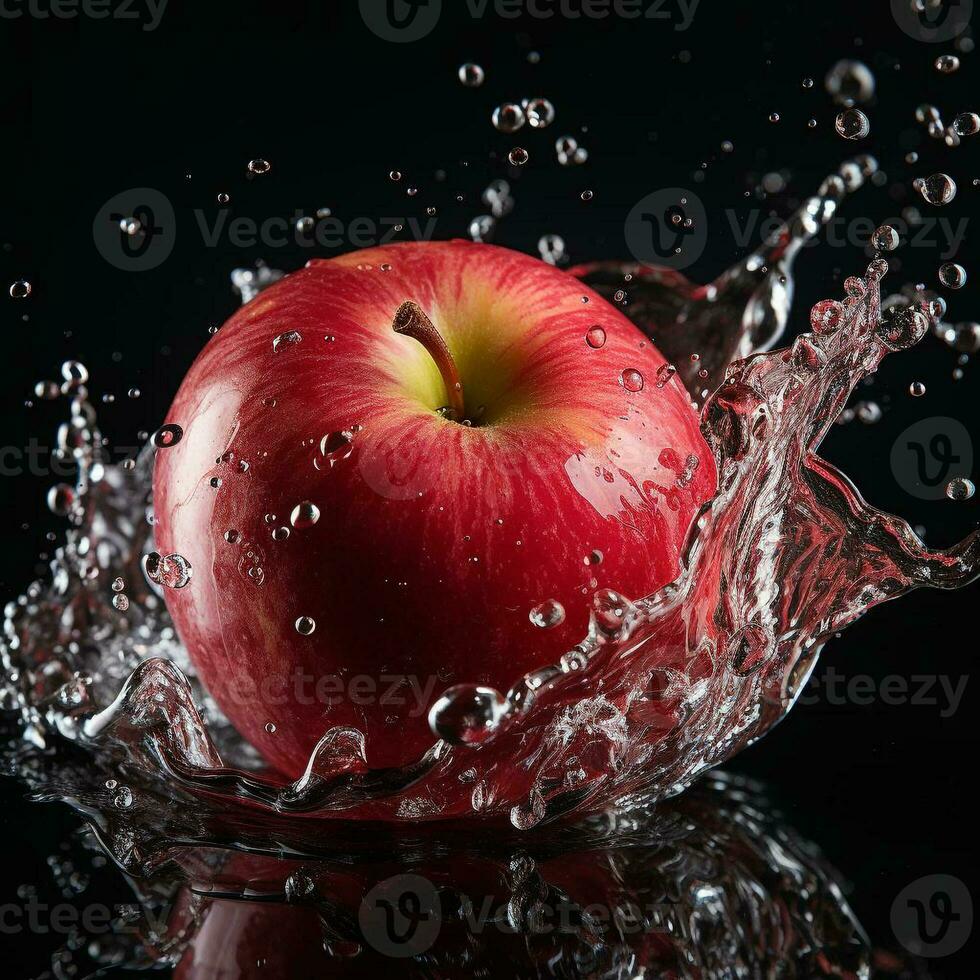 AI generated apple fell into the water with splashes black background photo