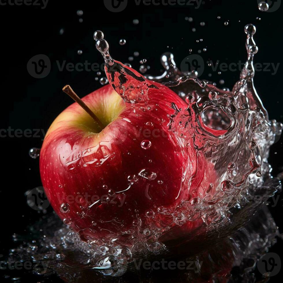 AI generated apple fell into the water with splashes black background photo