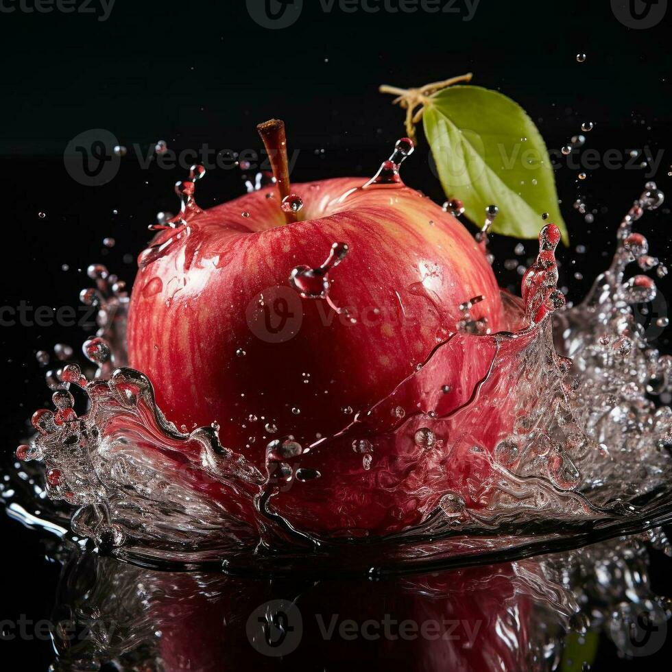 AI generated apple fell into the water with splashes black background photo