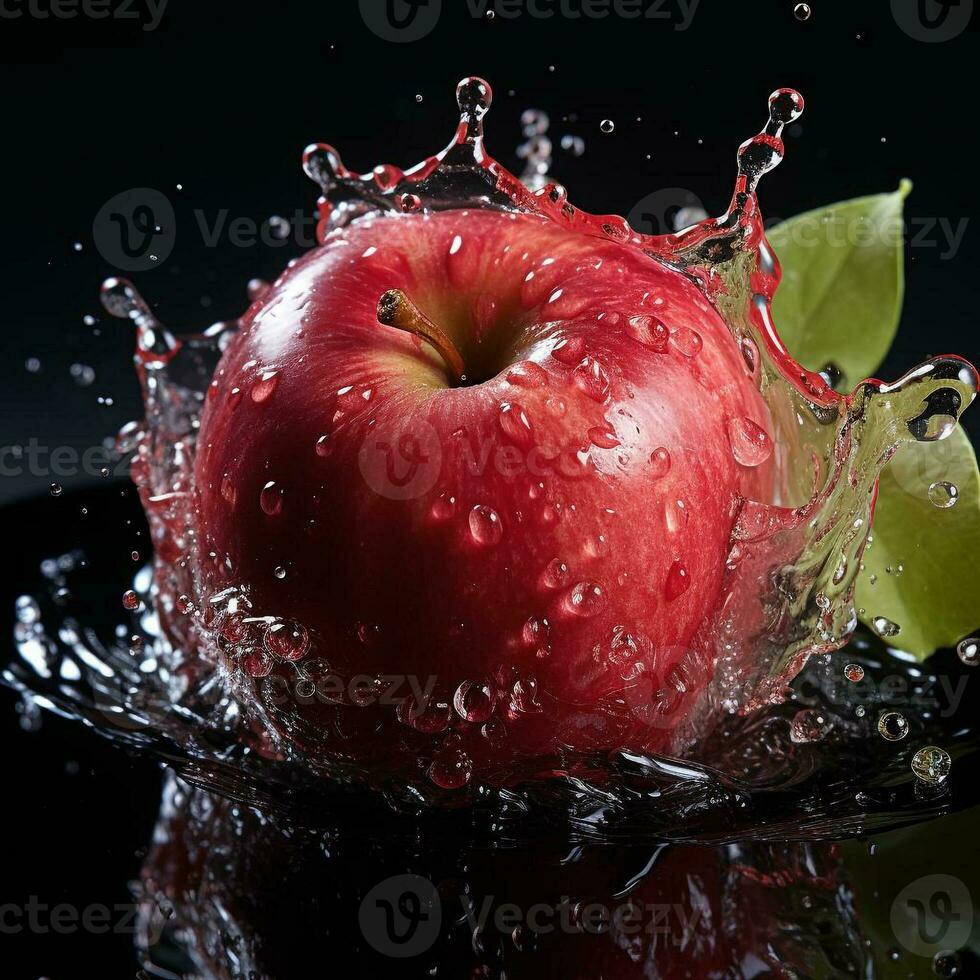 AI generated apple fell into the water with splashes black background photo