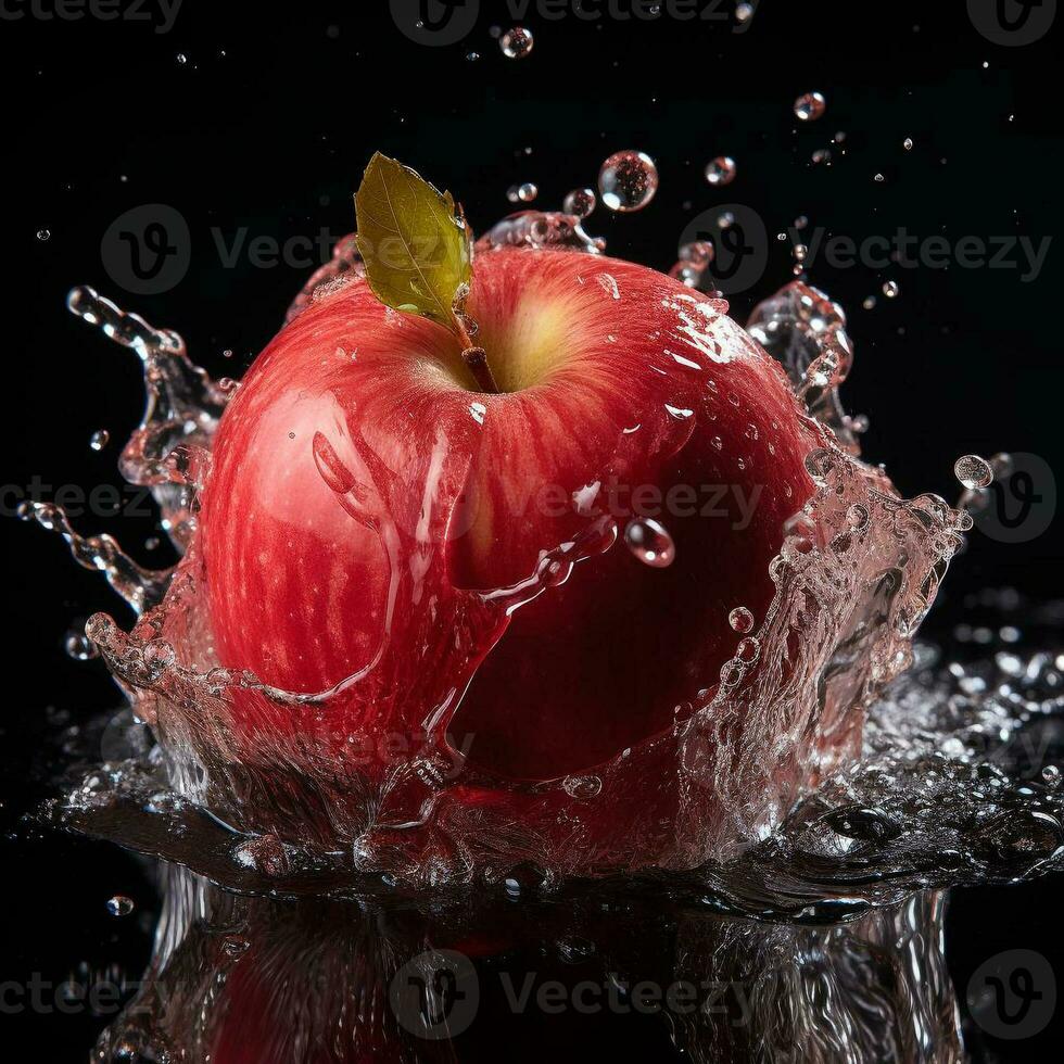 AI generated apple fell into the water with splashes black background photo