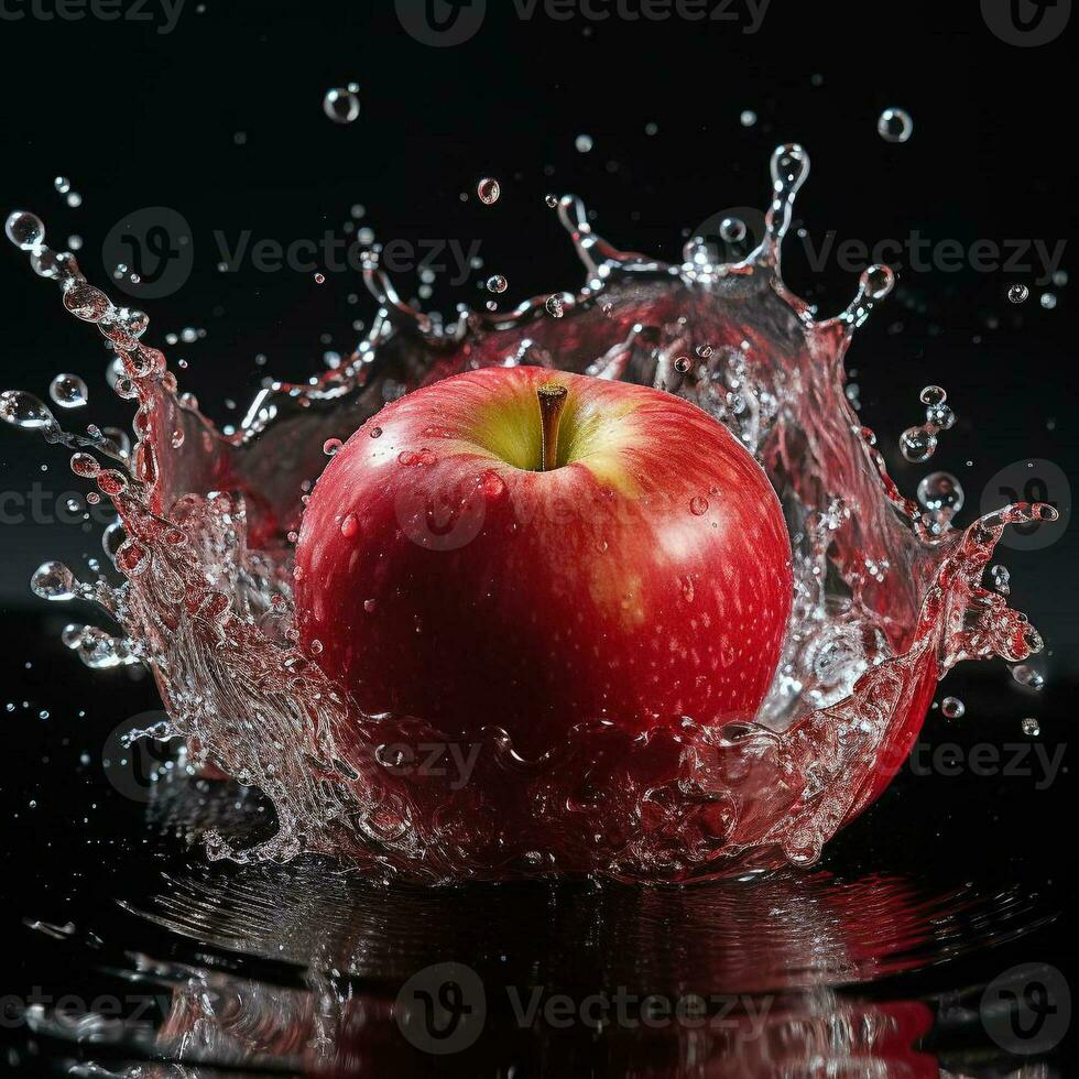 AI generated apple fell into the water with splashes black background photo