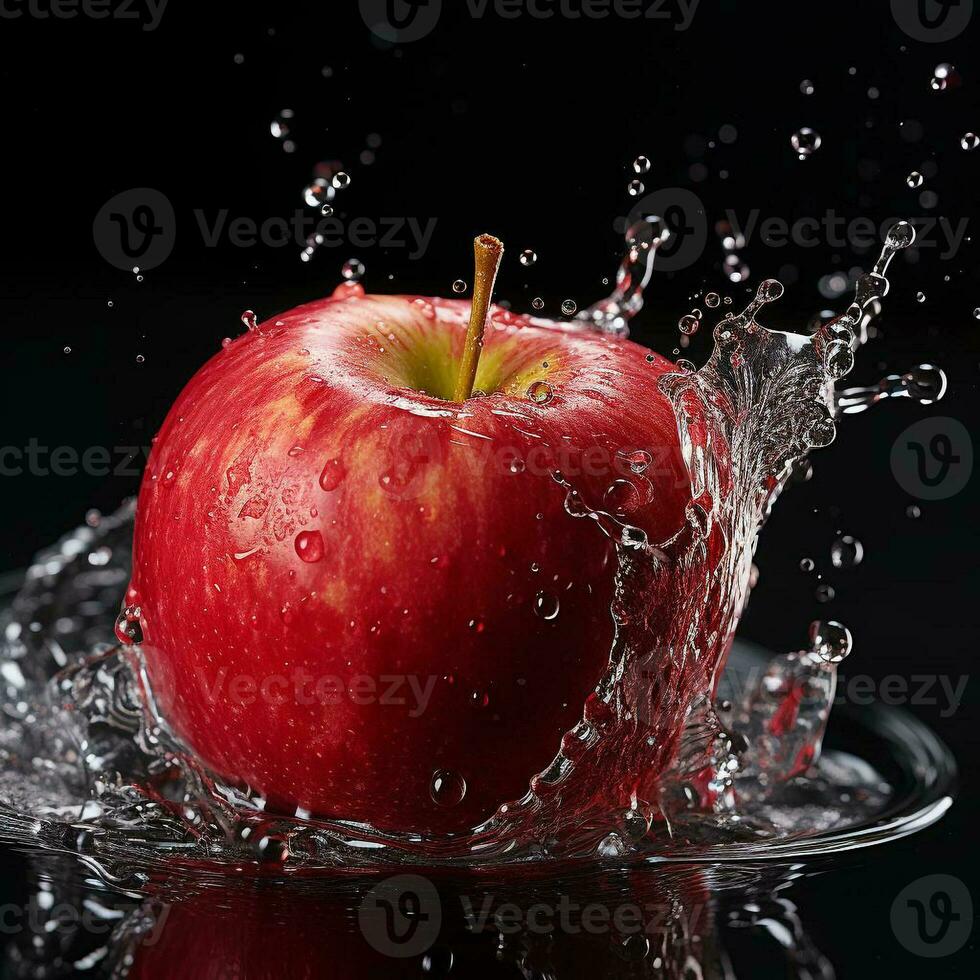 AI generated apple fell into the water with splashes black background photo