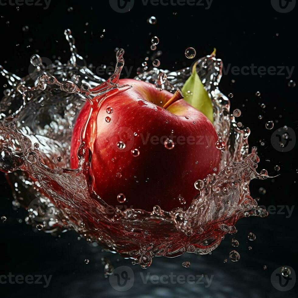 AI generated apple fell into the water with splashes black background photo