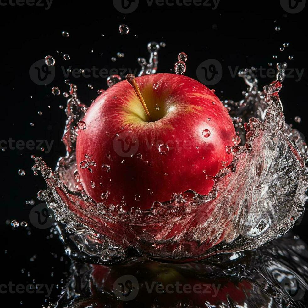 AI generated apple fell into the water with splashes black background photo