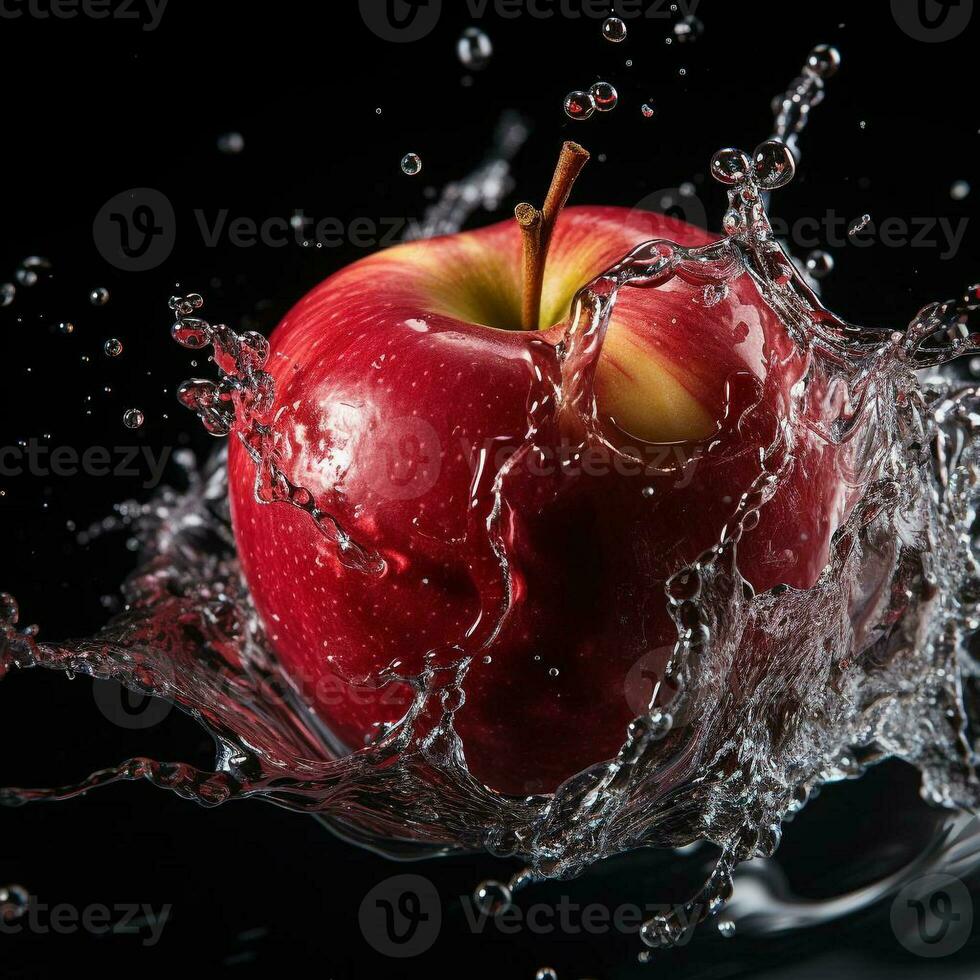 AI generated apple fell into the water with splashes black background photo