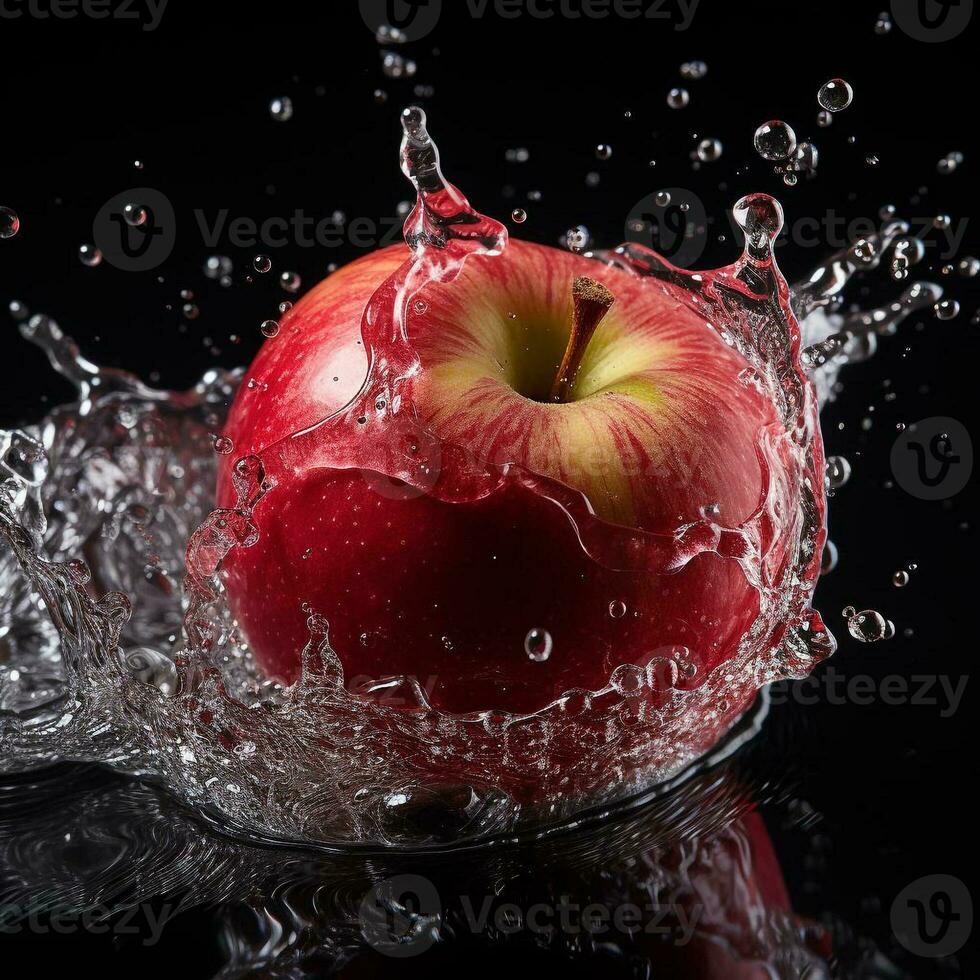 AI generated apple fell into the water with splashes black background photo