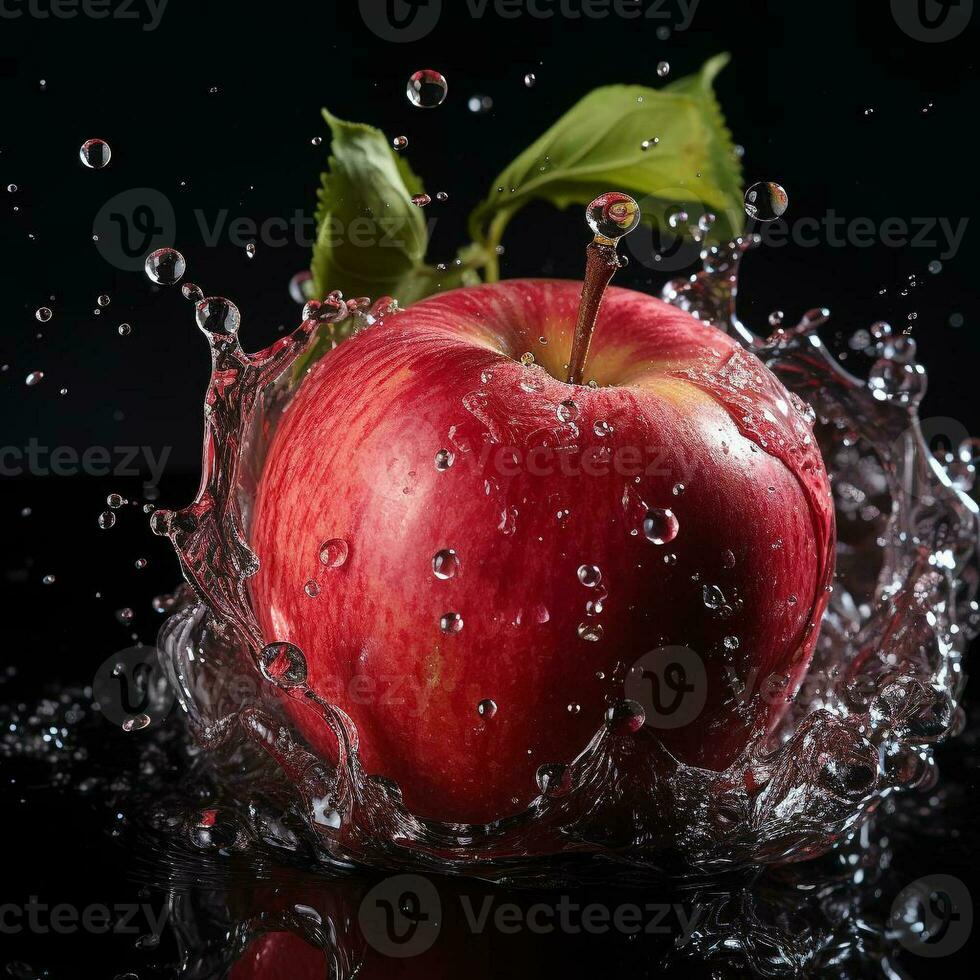 AI generated apple fell into the water with splashes black background photo