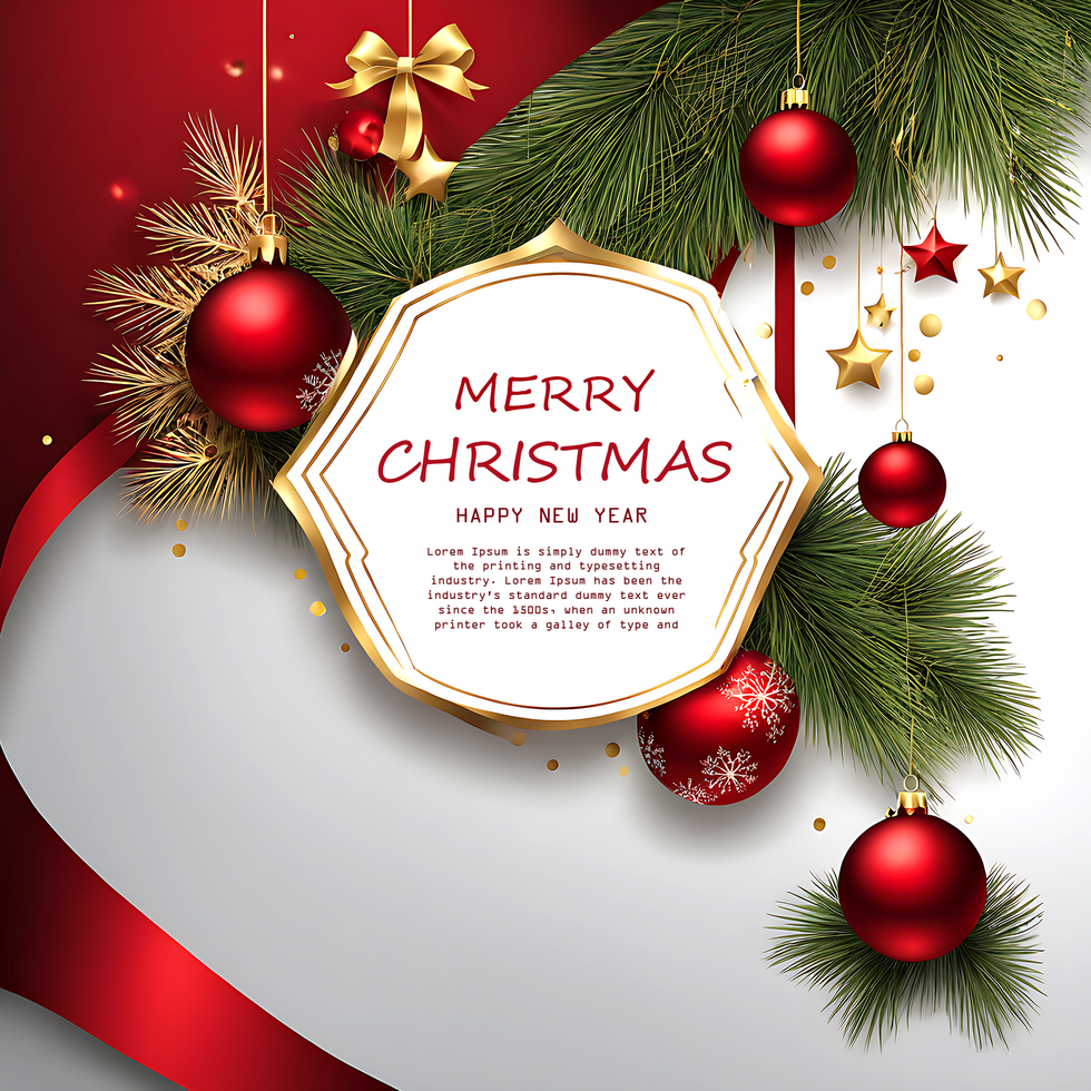 AI generated Christmas Greeting Card Background  Design With Fir Branches, Snowflakes, Buble Balls and Red Ribbons psd