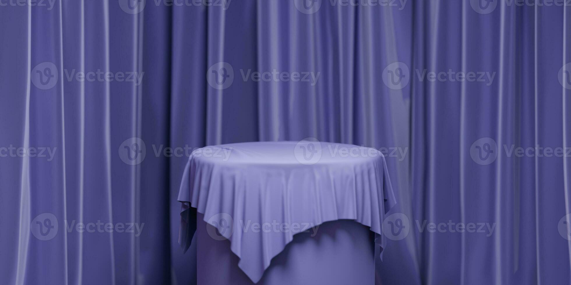 Empty round podium with background covered with purple cloth. Stand against the photo