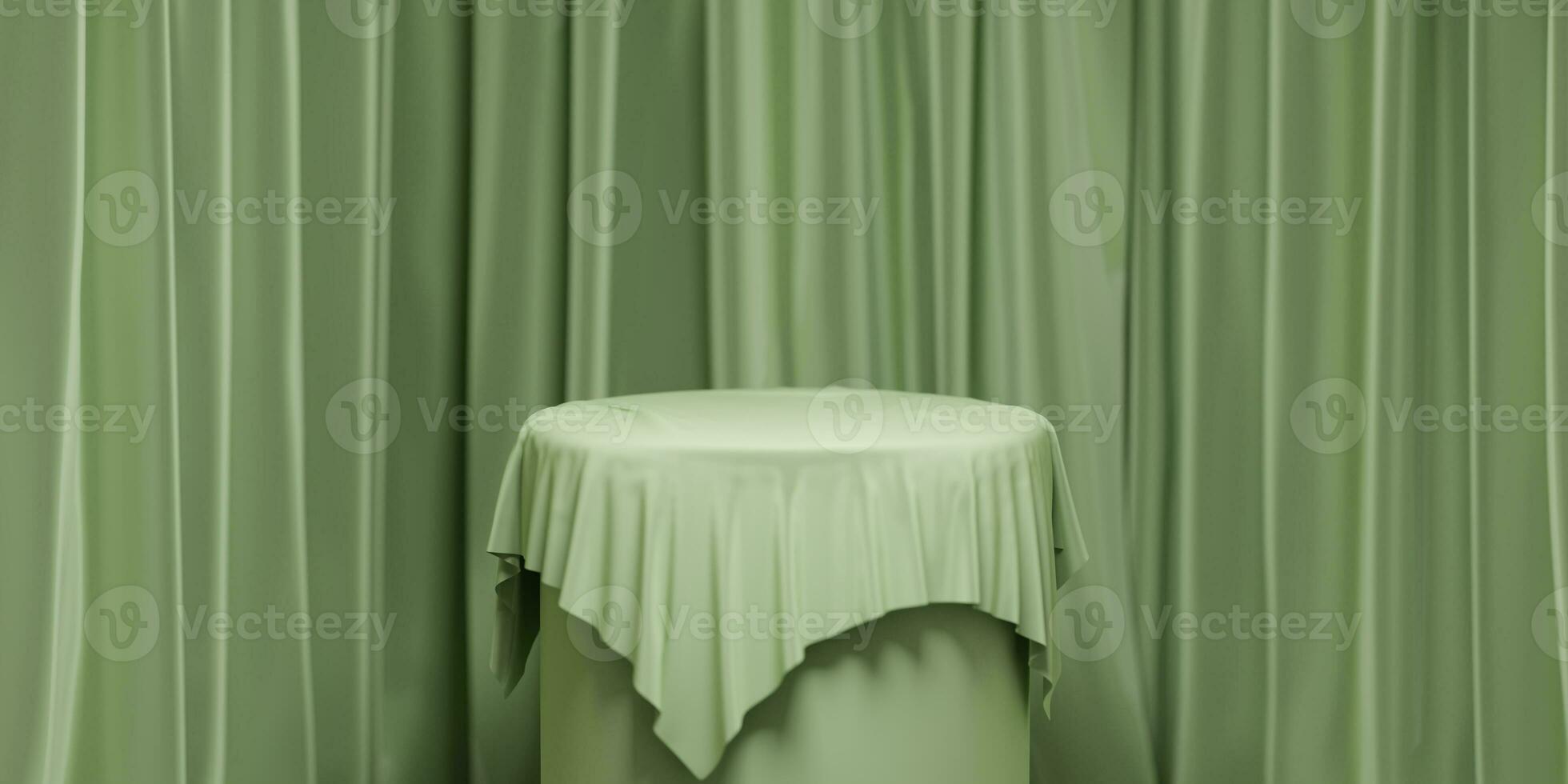 Empty round podium with background covered with green cloth. Stand against the photo