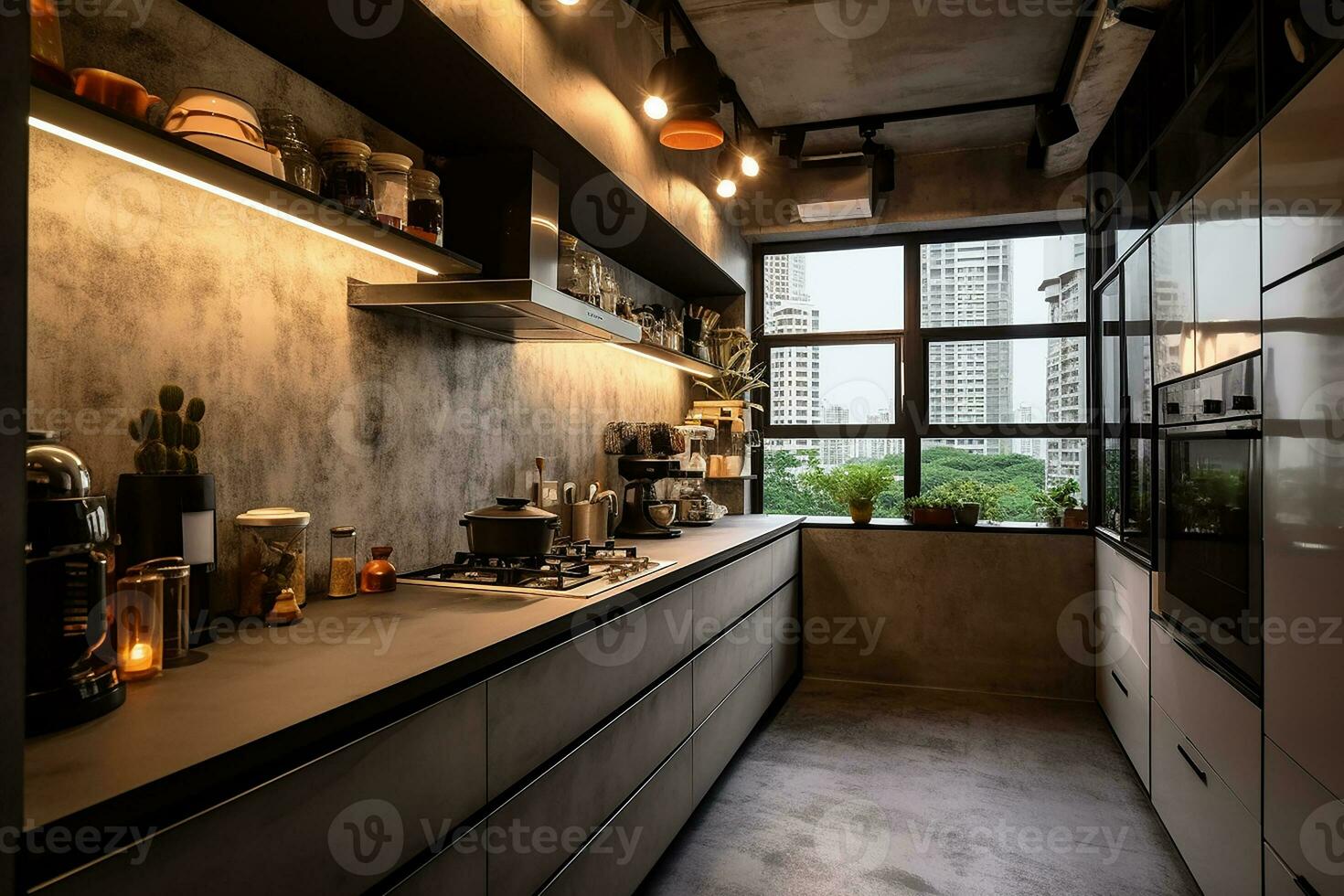 AI generated Modern kitchen interior design with dark cabinets, stainless steel appliances photo