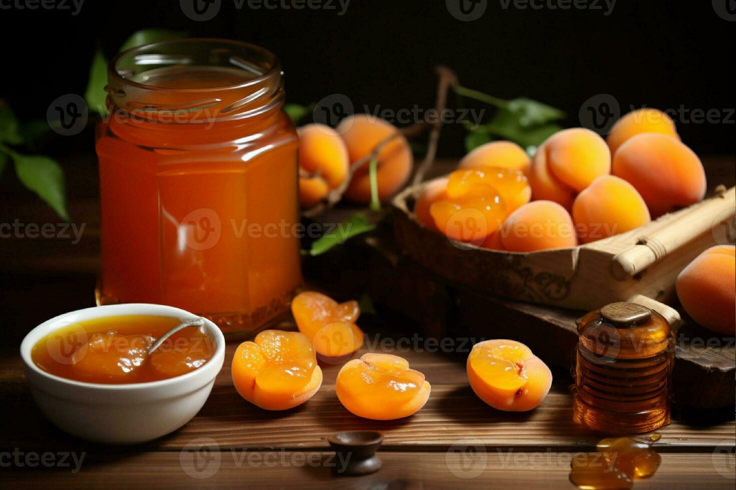 AI generated Apricot jam in a glass jar and fresh apricots on a wooden table photo
