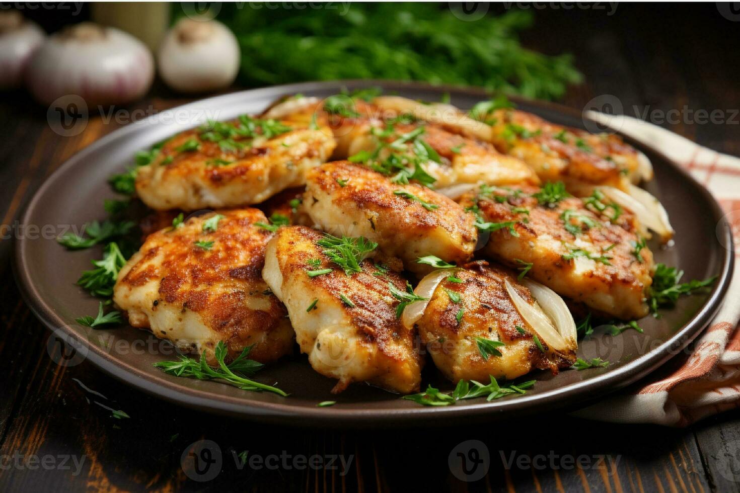 AI generated Potato cutlets with dill on a black plate on a wooden table photo