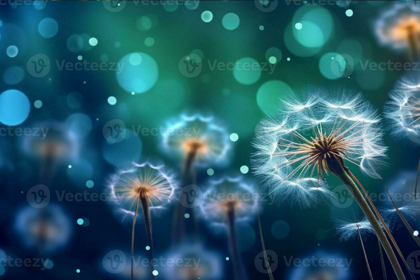 AI generated Dandelion seeds on bokeh background. 3d rendering photo