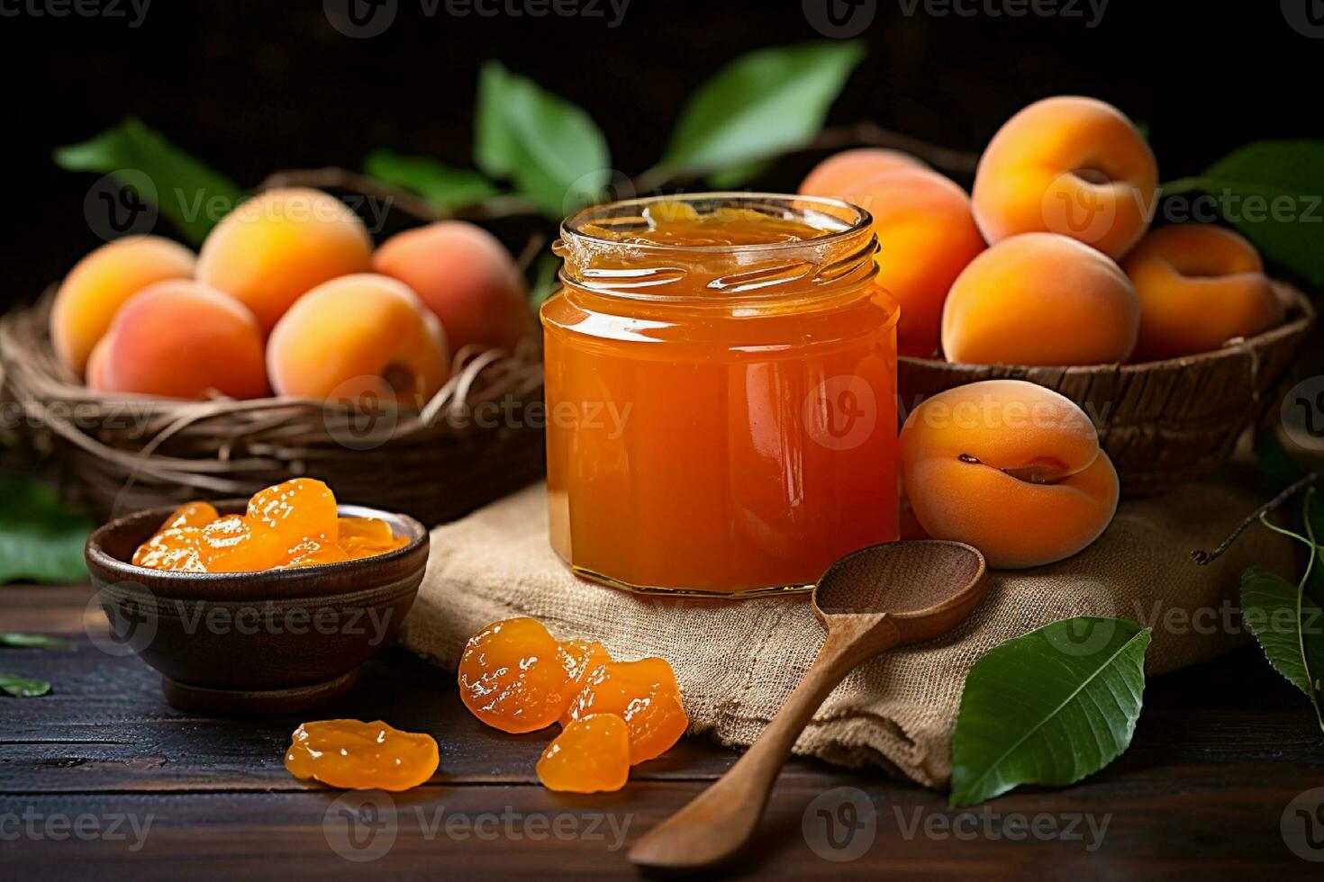 AI generated Apricot jam in a glass jar and fresh apricots on a wooden table photo