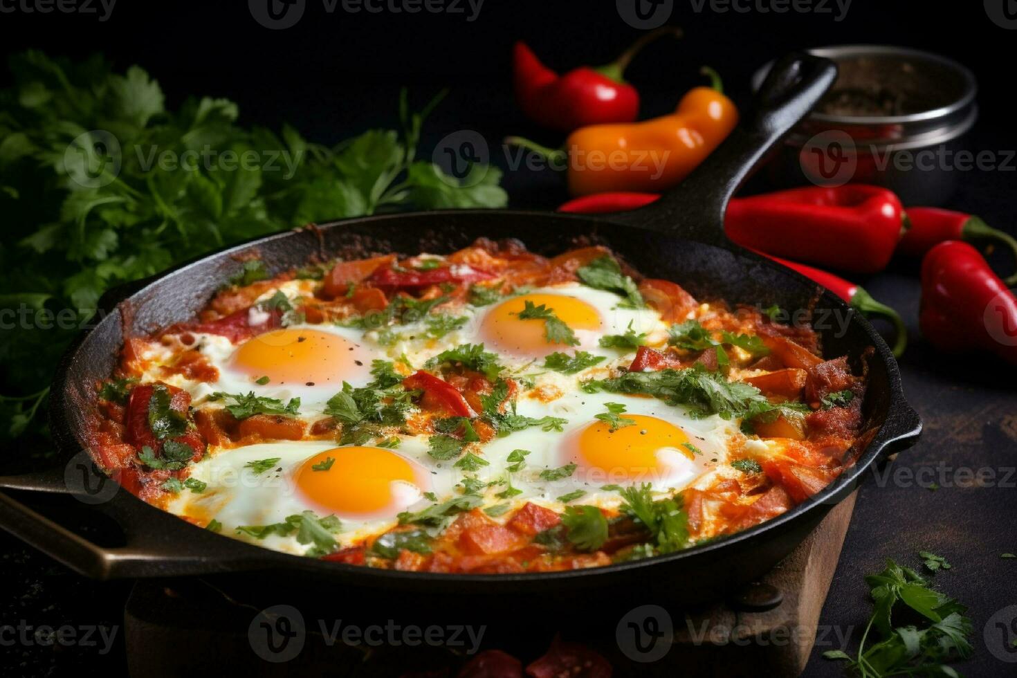 ai generado shakshuka en un fritura pan en un negro antecedentes. foto